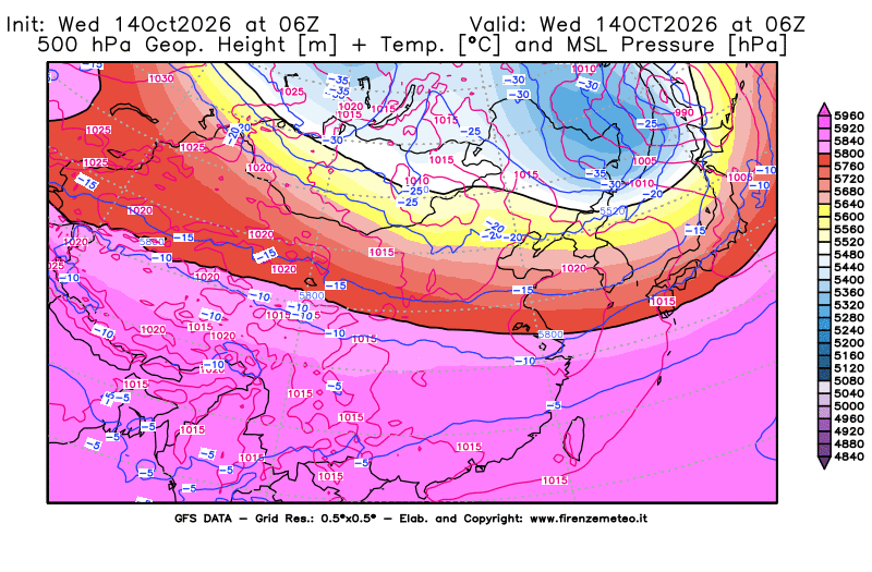 Mappa di analisi GFS - Geopotenziale + Temp. a 500 hPa + Press. a livello del mare in Asia Orientale
del 14 ottobre 2026 z06