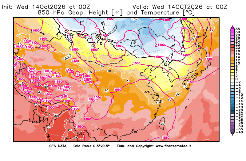 Mappa di analisi GFS - Geopotenziale e Temperatura a 850 hPa in Asia Orientale
del 14 ottobre 2026 z00