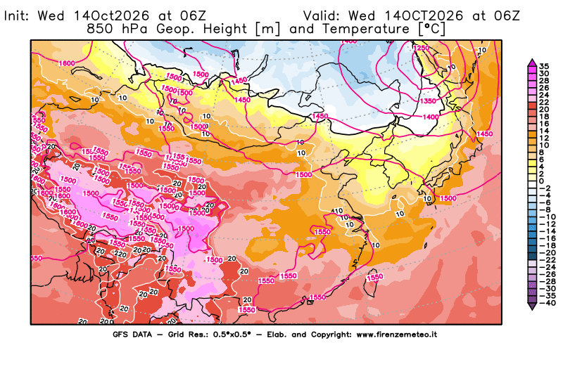 Mappa di analisi GFS - Geopotenziale e Temperatura a 850 hPa in Asia Orientale
del 14 ottobre 2026 z06