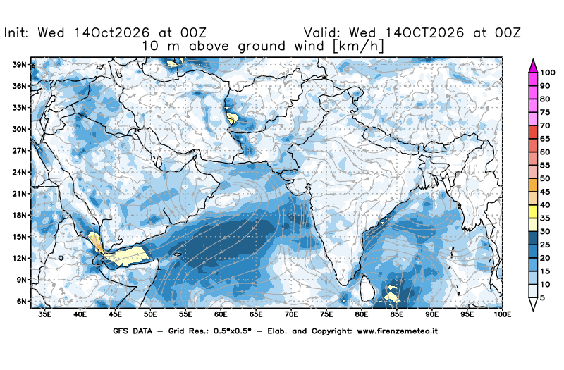 Mappa di analisi GFS - Velocità del vento a 10 metri dal suolo in Asia Sud-Occidentale
del 14 ottobre 2026 z00