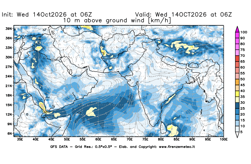 Mappa di analisi GFS - Velocità del vento a 10 metri dal suolo in Asia Sud-Occidentale
del 14 ottobre 2026 z06