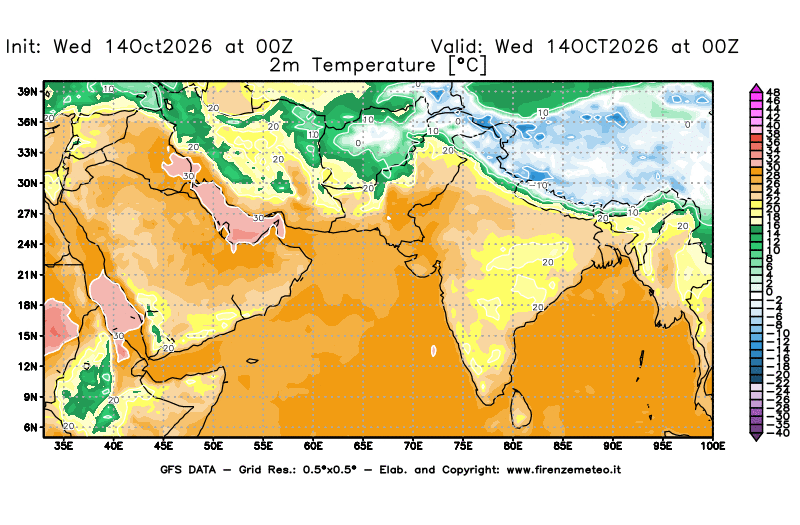 Mappa di analisi GFS - Temperatura a 2 metri dal suolo in Asia Sud-Occidentale
del 14 ottobre 2026 z00