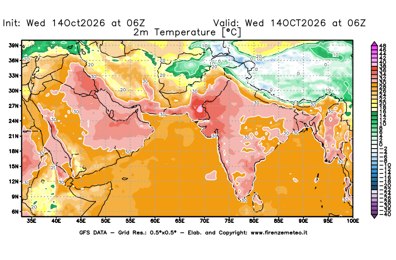 Mappa di analisi GFS - Temperatura a 2 metri dal suolo in Asia Sud-Occidentale
del 14 ottobre 2026 z06