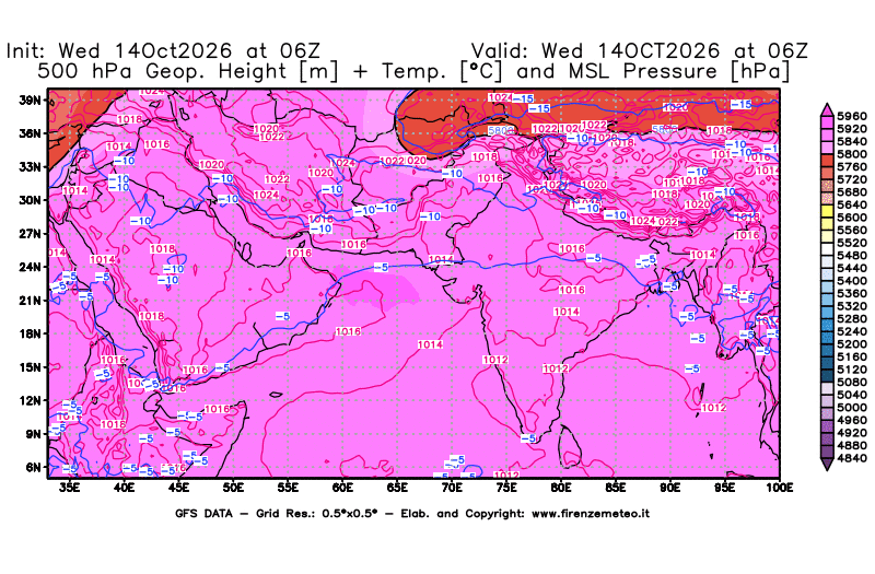 Mappa di analisi GFS - Geopotenziale + Temp. a 500 hPa + Press. a livello del mare in Asia Sud-Occidentale
del 14 ottobre 2026 z06