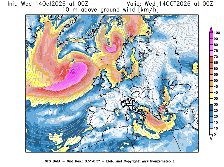 Mappa di analisi GFS - Velocità del vento a 10 metri dal suolo in Europa
del 14 ottobre 2026 z00