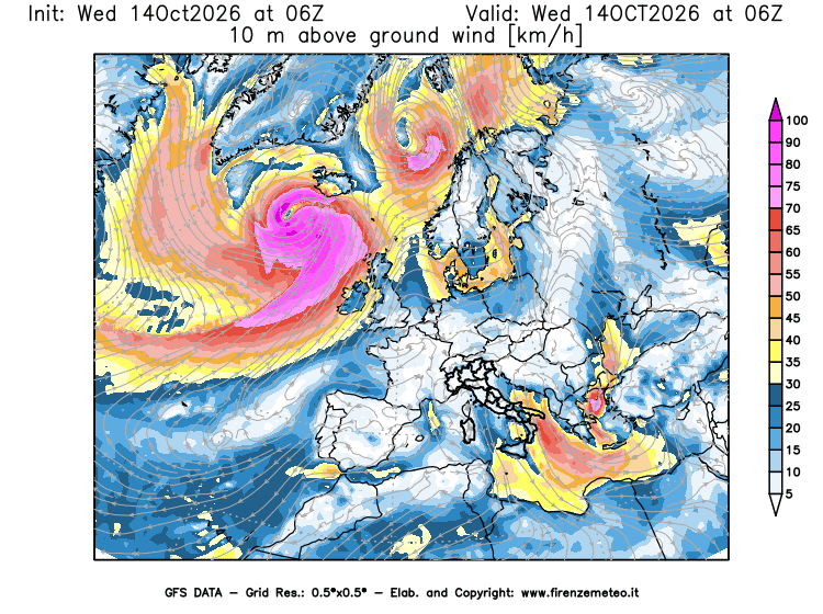 Mappa di analisi GFS - Velocità del vento a 10 metri dal suolo in Europa
del 14 ottobre 2026 z06
