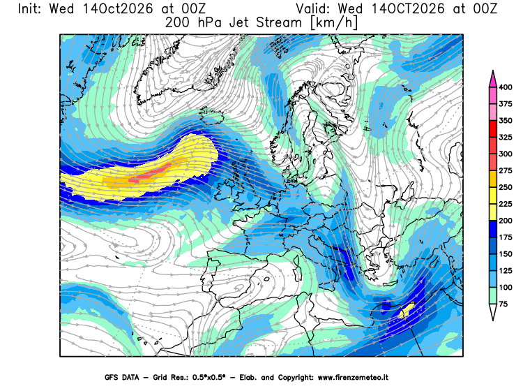 Mappa di analisi GFS - Jet Stream a 200 hPa in Europa
del 14 ottobre 2026 z00