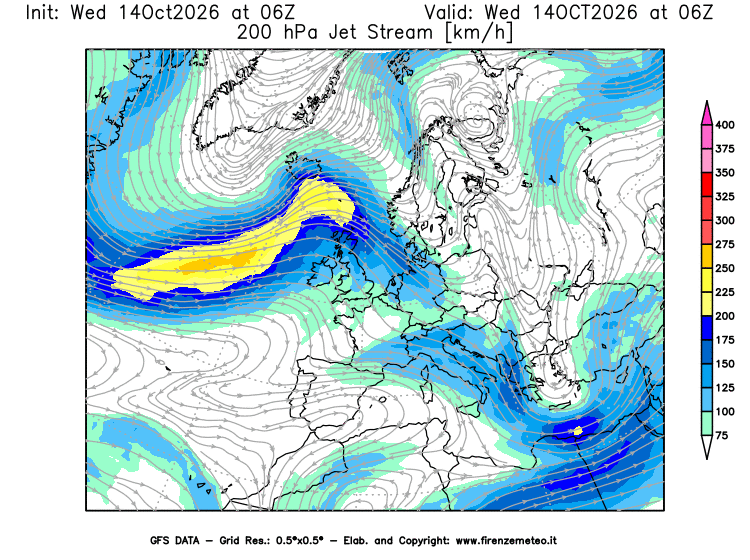 Mappa di analisi GFS - Jet Stream a 200 hPa in Europa
del 14 ottobre 2026 z06