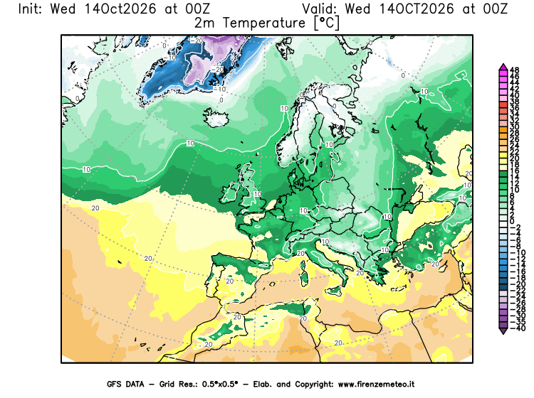 Mappa di analisi GFS - Temperatura a 2 metri dal suolo in Europa
del 14 ottobre 2026 z00