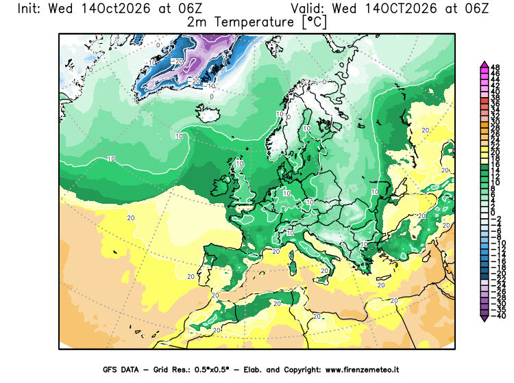 Mappa di analisi GFS - Temperatura a 2 metri dal suolo in Europa
del 14 ottobre 2026 z06
