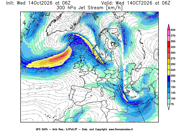 Mappa di analisi GFS - Jet Stream a 300 hPa in Europa
del 14 ottobre 2026 z06