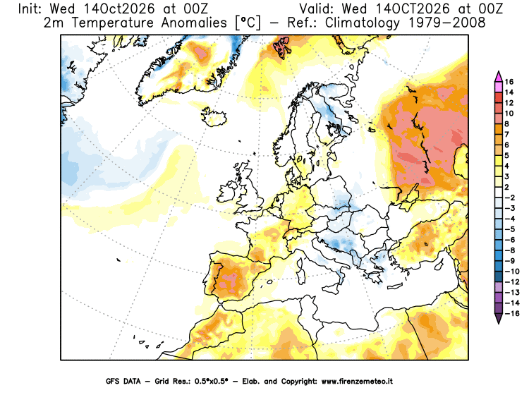 Mappa di analisi GFS - Anomalia Temperatura a 2 m in Europa
del 14 ottobre 2026 z00