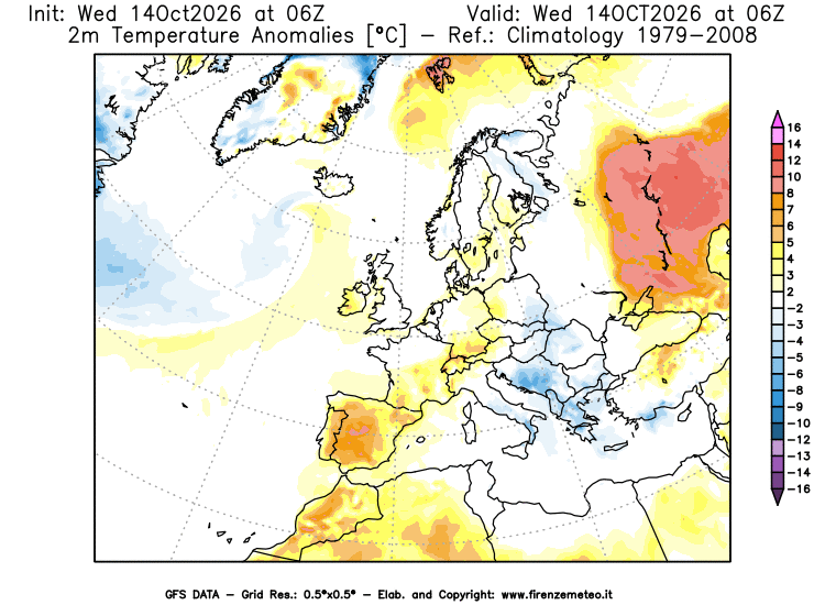 Mappa di analisi GFS - Anomalia Temperatura a 2 m in Europa
del 14 ottobre 2026 z06