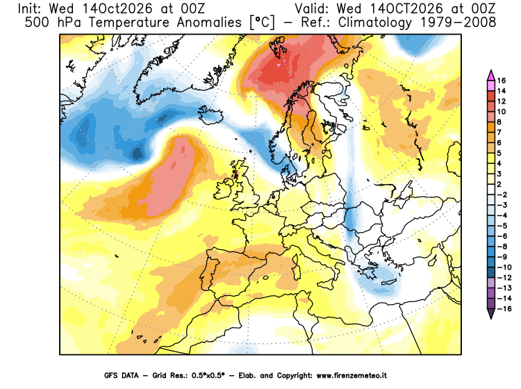 Mappa di analisi GFS - Anomalia Temperatura a 500 hPa in Europa
del 14 ottobre 2026 z00