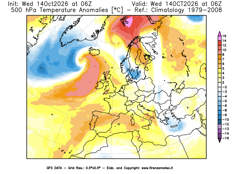 Mappa di analisi GFS - Anomalia Temperatura a 500 hPa in Europa
del 14 ottobre 2026 z06