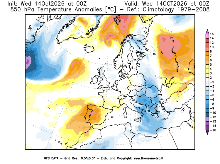 Mappa di analisi GFS - Anomalia Temperatura a 850 hPa in Europa
del 14 ottobre 2026 z00