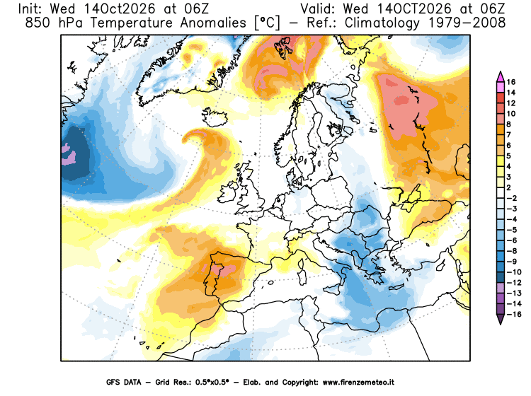 Mappa di analisi GFS - Anomalia Temperatura a 850 hPa in Europa
del 14 ottobre 2026 z06
