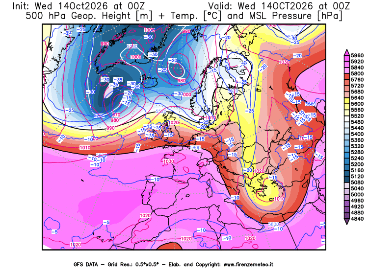 Mappa di analisi GFS - Geopotenziale + Temp. a 500 hPa + Press. a livello del mare in Europa
del 14 ottobre 2026 z00