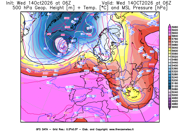 Mappa di analisi GFS - Geopotenziale + Temp. a 500 hPa + Press. a livello del mare in Europa
del 14 ottobre 2026 z06