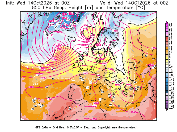 Mappa di analisi GFS - Geopotenziale e Temperatura a 850 hPa in Europa
del 14 ottobre 2026 z00