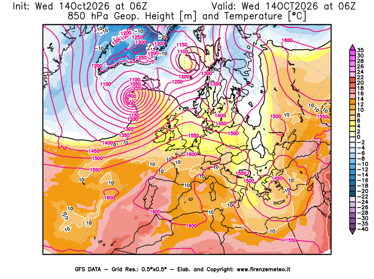 Mappa di analisi GFS - Geopotenziale e Temperatura a 850 hPa in Europa
del 14 ottobre 2026 z06