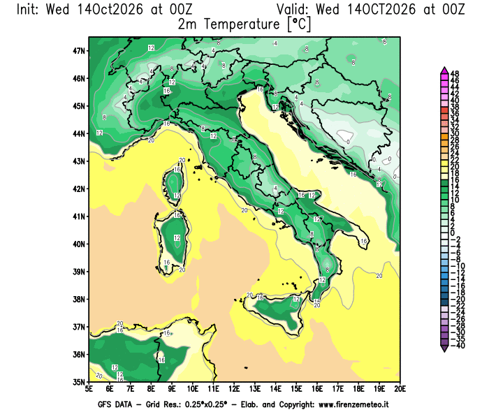 Mappa di analisi GFS - Temperatura a 2 metri dal suolo in Italia
del 14 ottobre 2026 z00