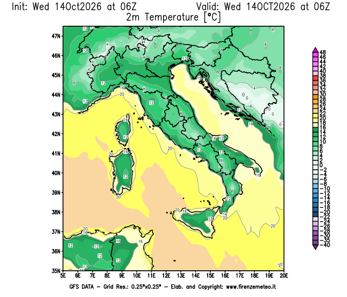 Mappa di analisi GFS - Temperatura a 2 metri dal suolo in Italia
del 14 ottobre 2026 z06