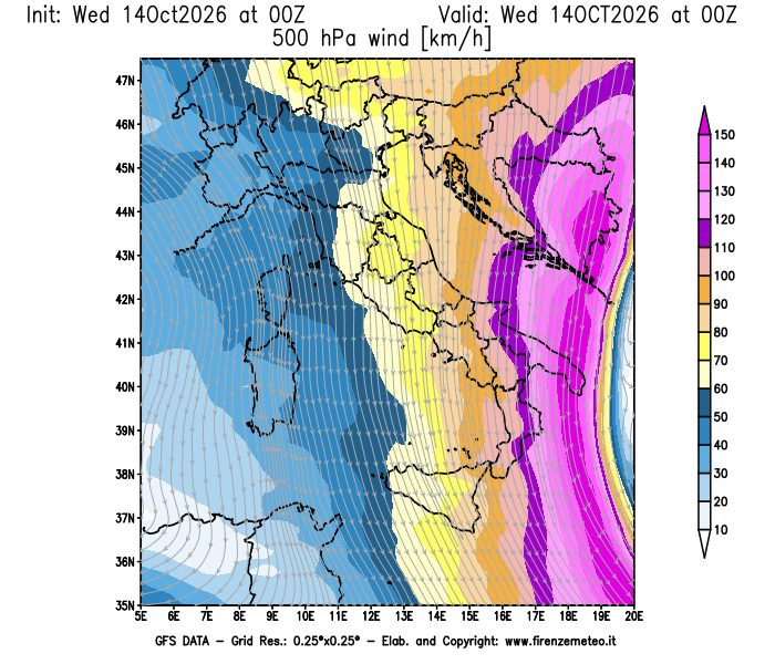 Mappa di analisi GFS - Velocità del vento a 500 hPa in Italia
del 14 ottobre 2026 z00