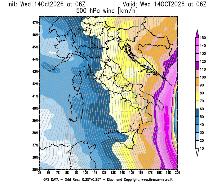 Mappa di analisi GFS - Velocità del vento a 500 hPa in Italia
del 14 ottobre 2026 z06