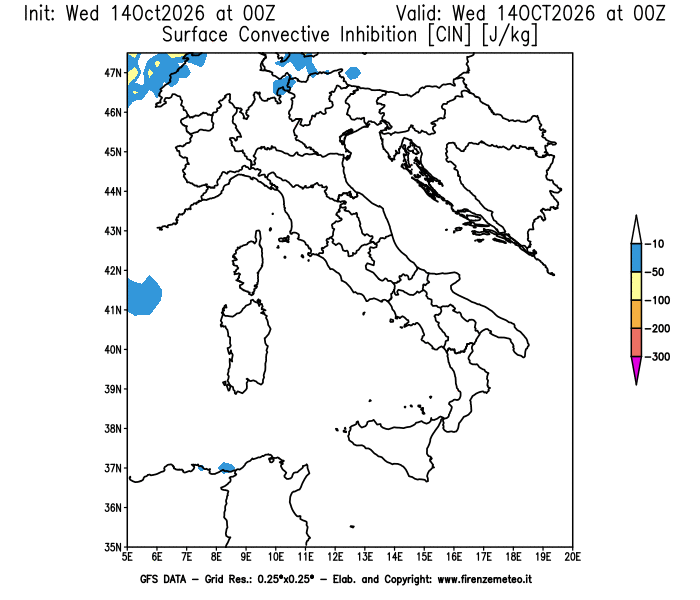 Mappa di analisi GFS - CIN in Italia
del 14 ottobre 2026 z00