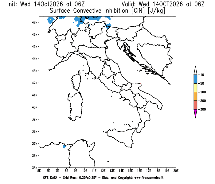 Mappa di analisi GFS - CIN in Italia
del 14 ottobre 2026 z06