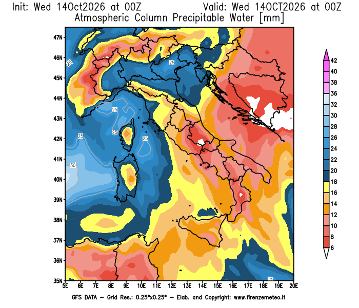 Mappa di analisi GFS - Precipitable Water in Italia
del 14 ottobre 2026 z00
