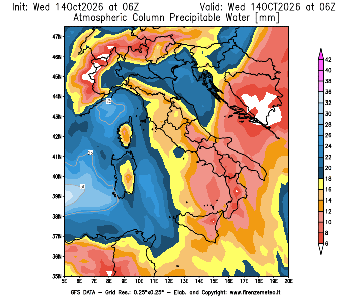 Mappa di analisi GFS - Precipitable Water in Italia
del 14 ottobre 2026 z06