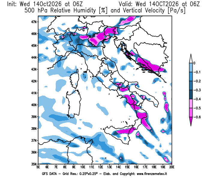 Mappa di analisi GFS - Umidità relativa e Omega a 500 hPa in Italia
del 14 ottobre 2026 z06
