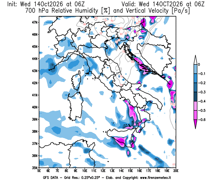 Mappa di analisi GFS - Umidità relativa e Omega a 700 hPa in Italia
del 14 ottobre 2026 z06
