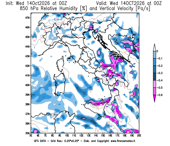 Mappa di analisi GFS - Umidità relativa e Omega a 850 hPa in Italia
del 14 ottobre 2026 z00