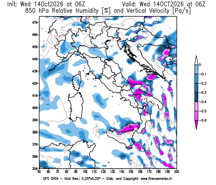 Mappa di analisi GFS - Umidità relativa e Omega a 850 hPa in Italia
del 14 ottobre 2026 z06