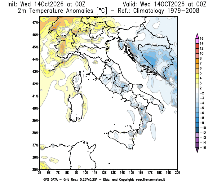 Mappa di analisi GFS - Anomalia Temperatura a 2 m in Italia
del 14 ottobre 2026 z00