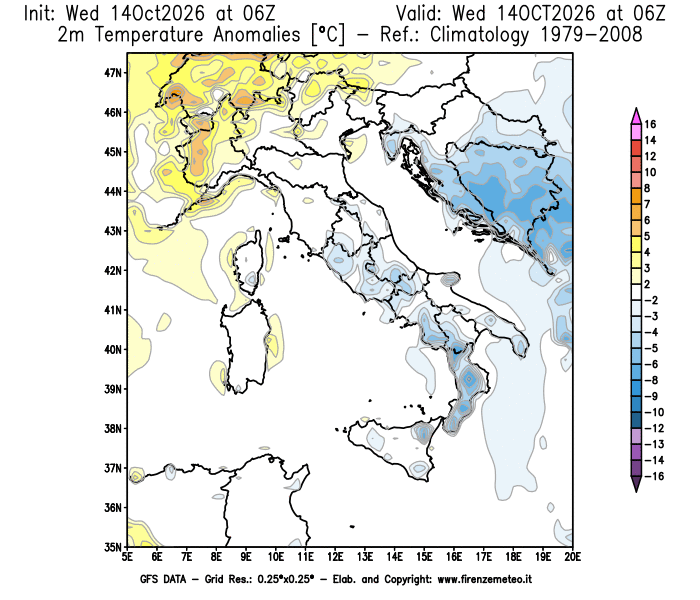 Mappa di analisi GFS - Anomalia Temperatura a 2 m in Italia
del 14 ottobre 2026 z06
