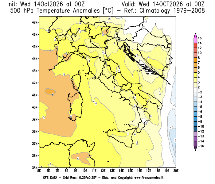 Mappa di analisi GFS - Anomalia Temperatura a 500 hPa in Italia
del 14 ottobre 2026 z00