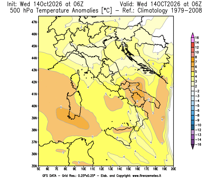 Mappa di analisi GFS - Anomalia Temperatura a 500 hPa in Italia
del 14 ottobre 2026 z06