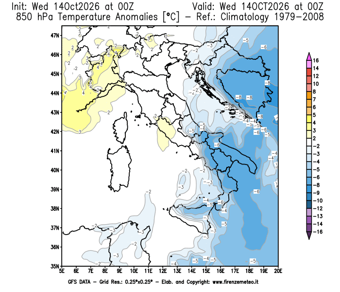 Mappa di analisi GFS - Anomalia Temperatura a 850 hPa in Italia
del 14 ottobre 2026 z00