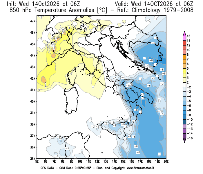 Mappa di analisi GFS - Anomalia Temperatura a 850 hPa in Italia
del 14 ottobre 2026 z06