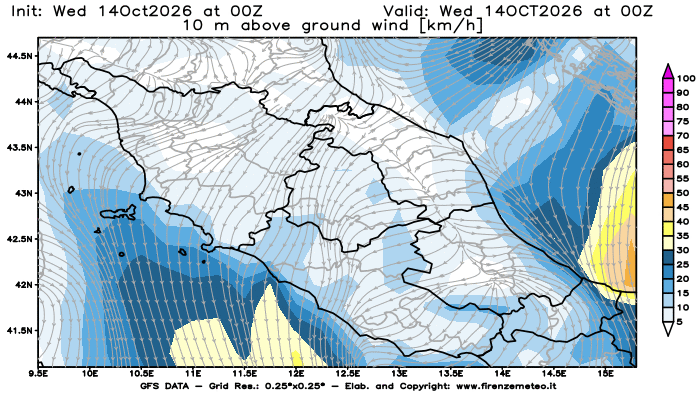 Mappa di analisi GFS - Velocità del vento a 10 metri dal suolo in Centro-Italia
del 14 ottobre 2026 z00
