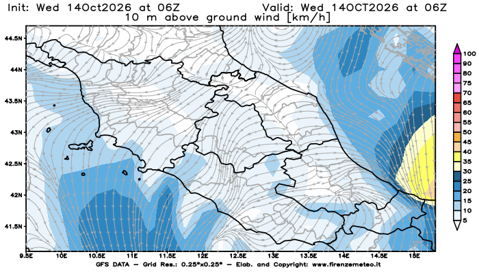 Mappa di analisi GFS - Velocità del vento a 10 metri dal suolo in Centro-Italia
del 14 ottobre 2026 z06