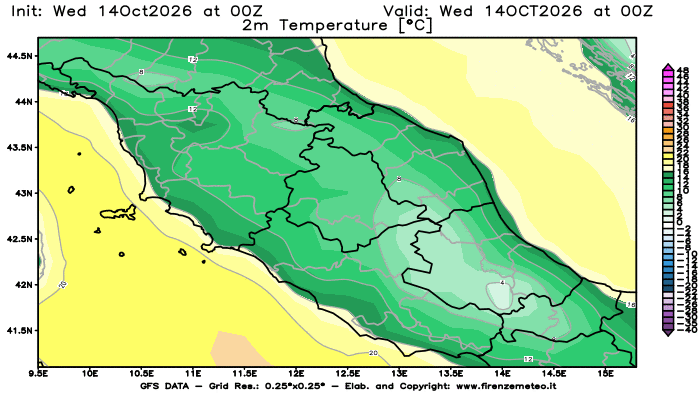 Mappa di analisi GFS - Temperatura a 2 metri dal suolo in Centro-Italia
del 14 ottobre 2026 z00