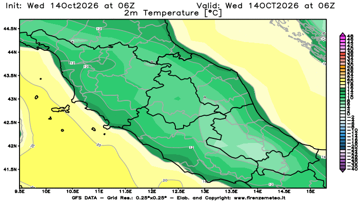 Mappa di analisi GFS - Temperatura a 2 metri dal suolo in Centro-Italia
del 14 ottobre 2026 z06