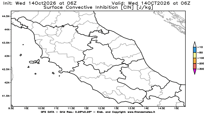 Mappa di analisi GFS - CIN in Centro-Italia
del 14 ottobre 2026 z06