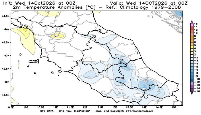 Mappa di analisi GFS - Anomalia Temperatura a 2 m in Centro-Italia
del 14 ottobre 2026 z00