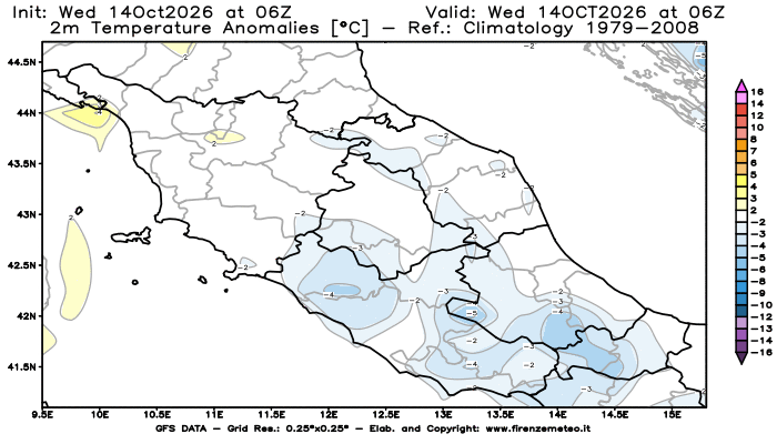 Mappa di analisi GFS - Anomalia Temperatura a 2 m in Centro-Italia
del 14 ottobre 2026 z06